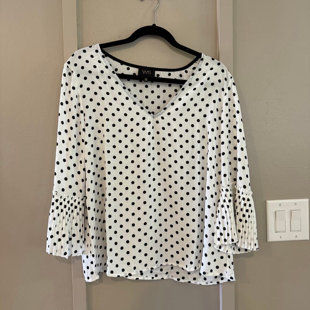 W5 Womens Blouse shirt white black polka dots SZ XL